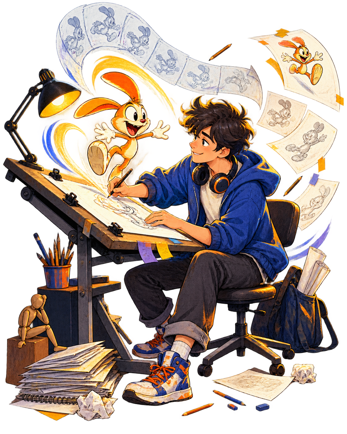 Illustration of an animator drawing a lively character